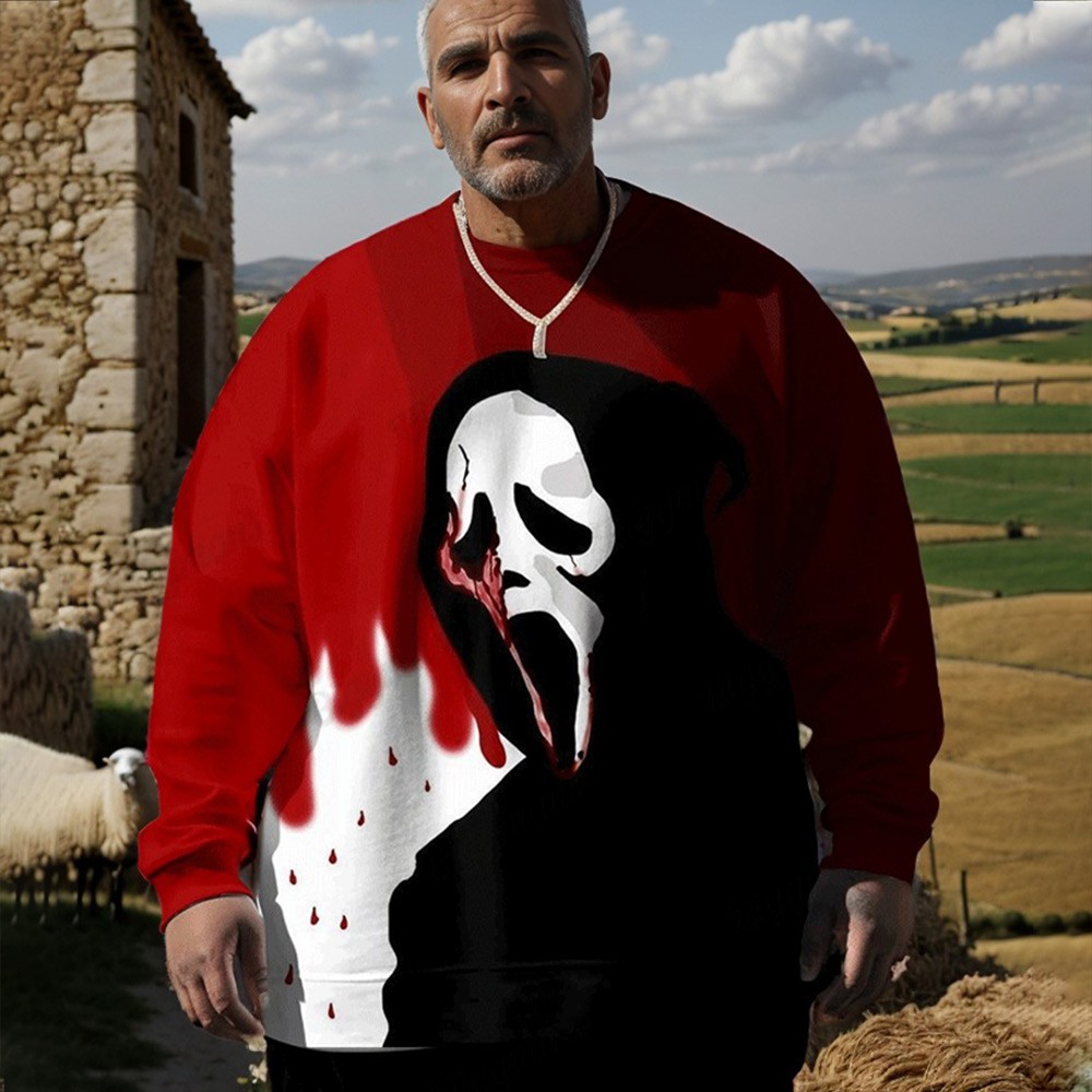 Men's Plus Size Street Fashion Halloween Bloody Mask Print Hoodie T-shirt Sweatshirt