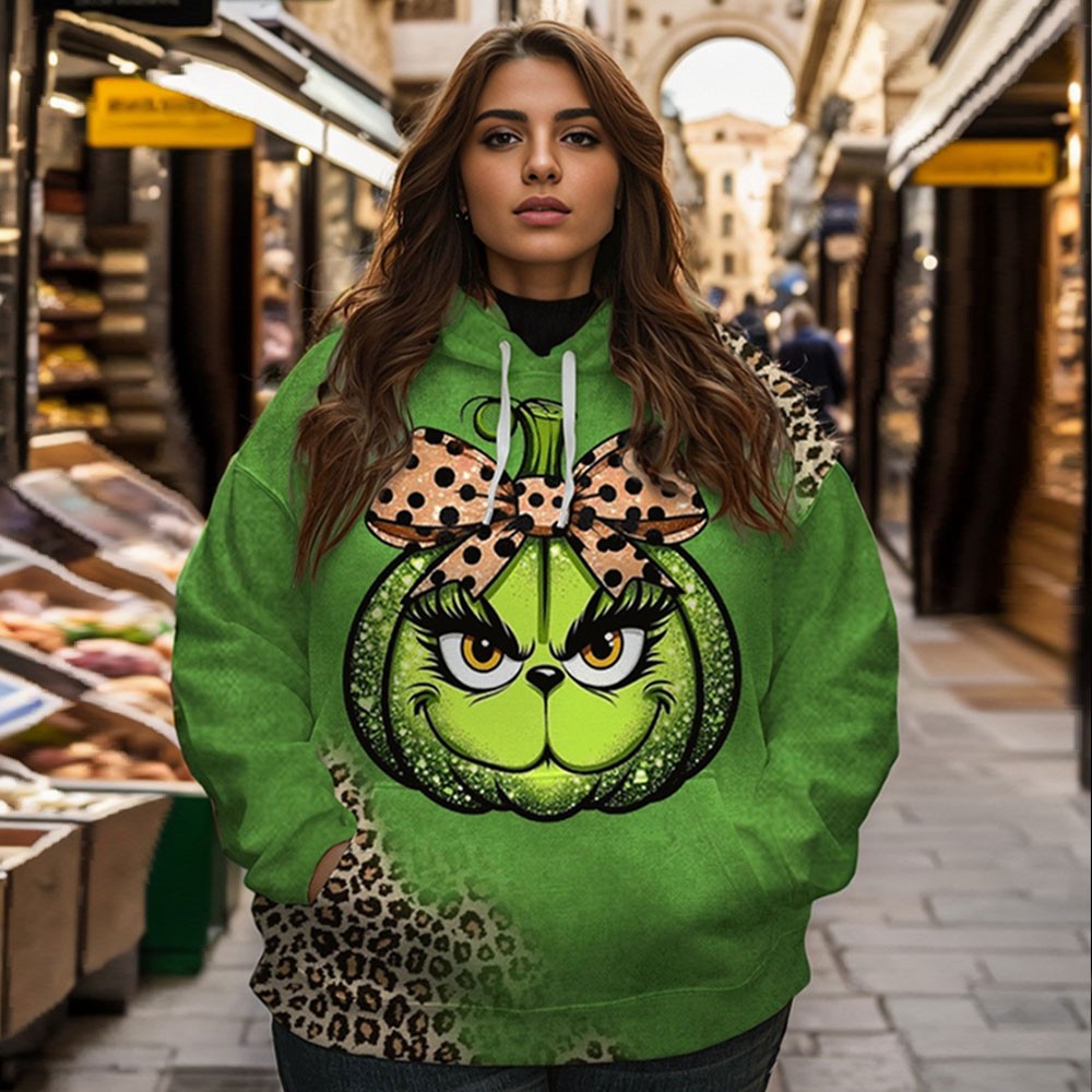 Women's Plus Size Leopard Coquette Bougie Grinch Print Green Hoodie T-shirt Sweatshirt