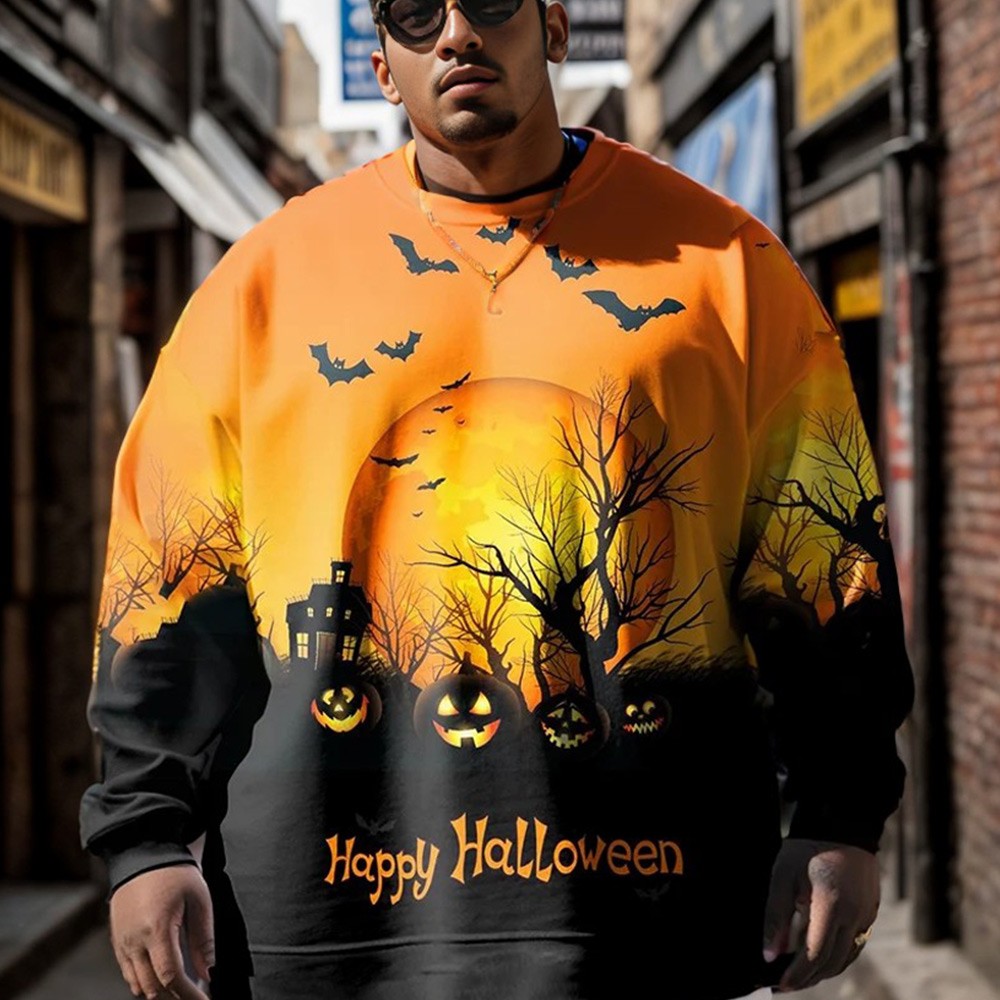 Men's Plus Size Halloween Pumpkin Branch Raven Orange Sweatshirt Hoodie Tshirt 