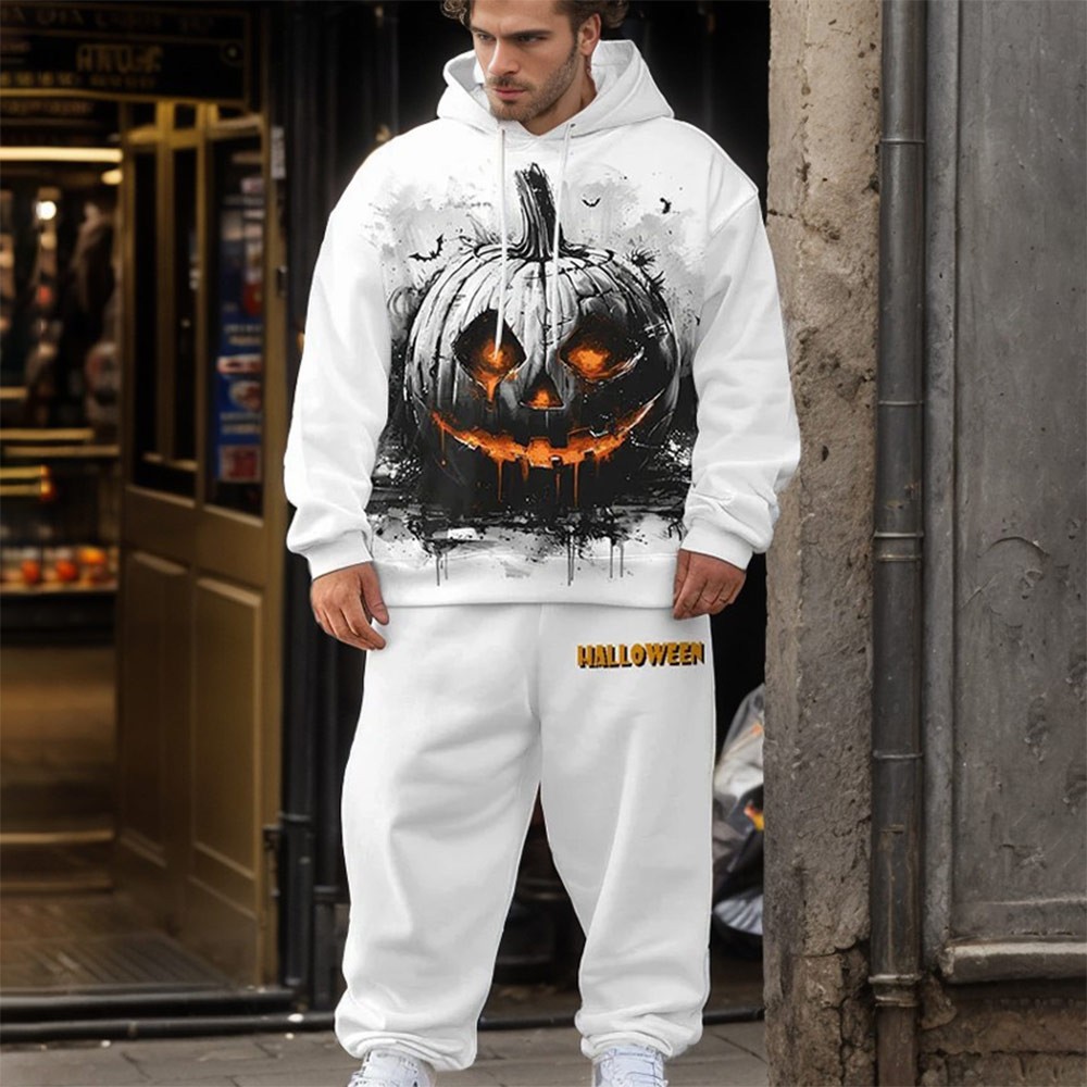 Men's Plus Size Halloween Smoke Pumpkin Print Hoodie Suit