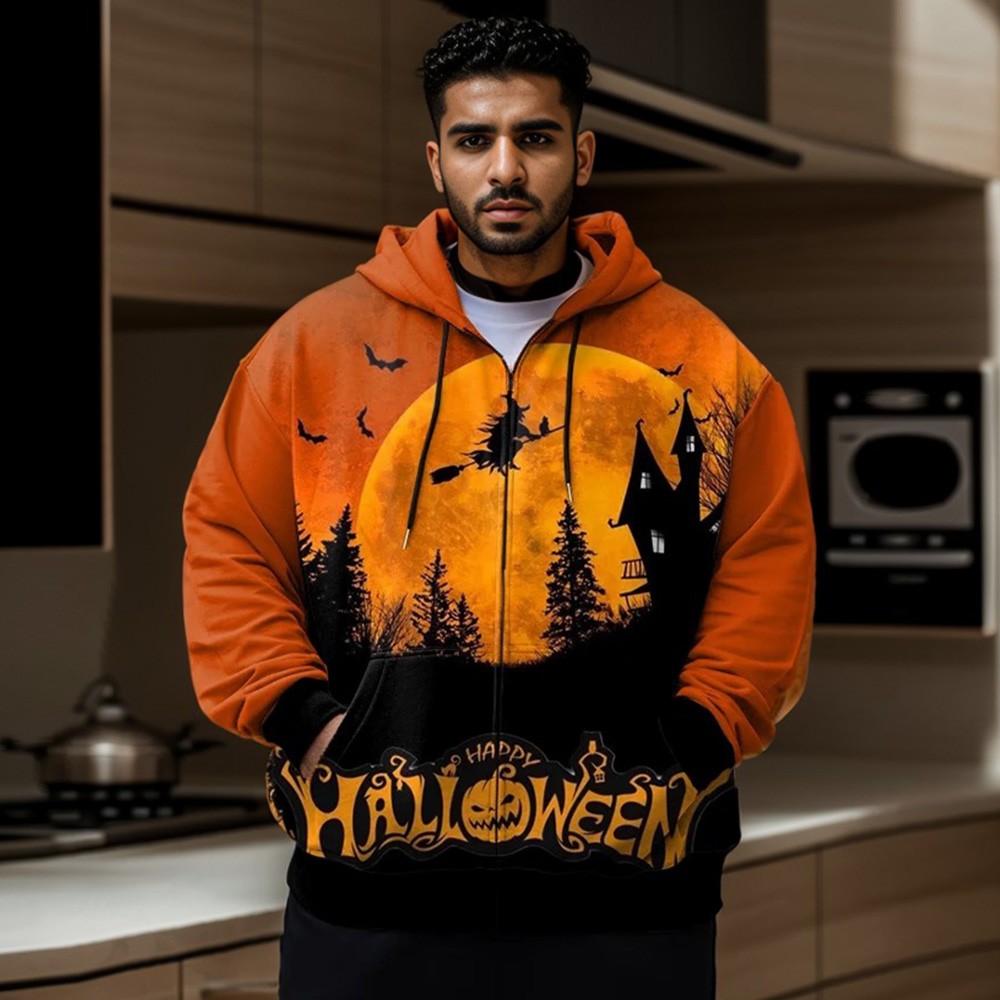 Men's Plus Size Halloween Skull Pumpkin Zip Hoodie