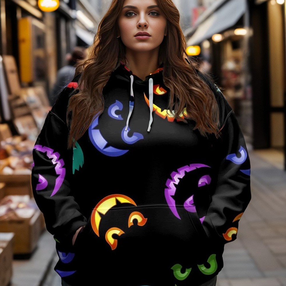 Women's Plus Size Halloween Pumpkin Print Casual Black Hoodie T-shirt Sweatshirt