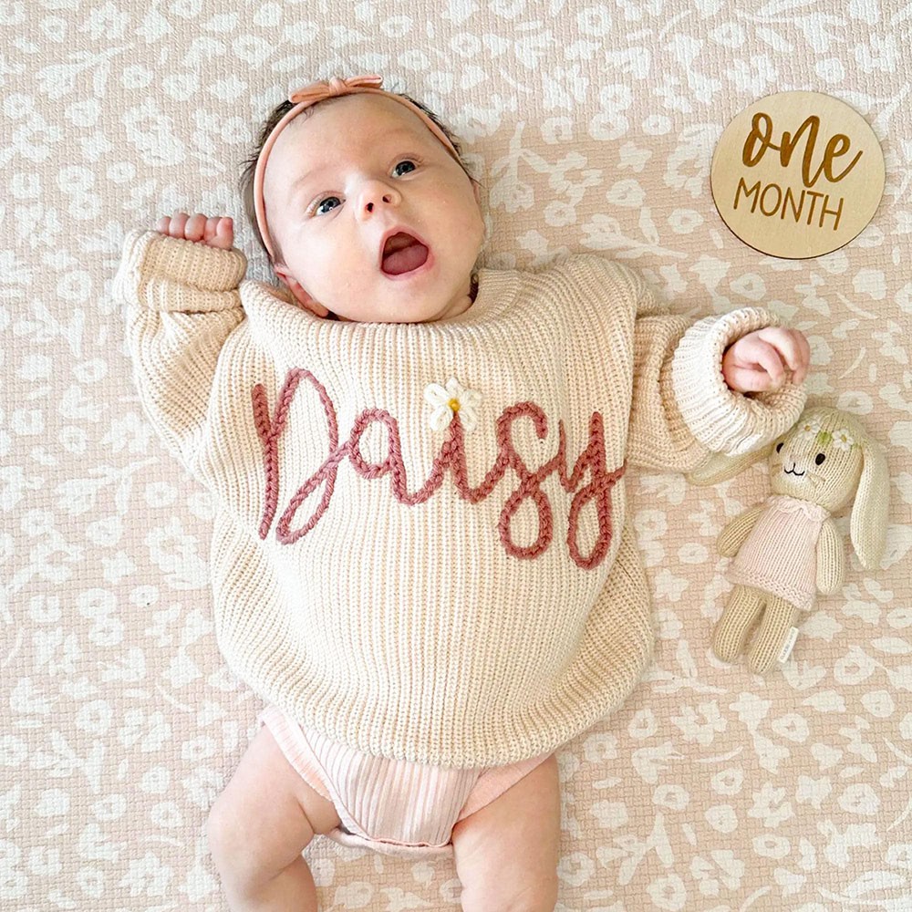 Personalized Hand Embroidered Name Baby Knit Sweater For Birthday Newborn Baby Shower Gift