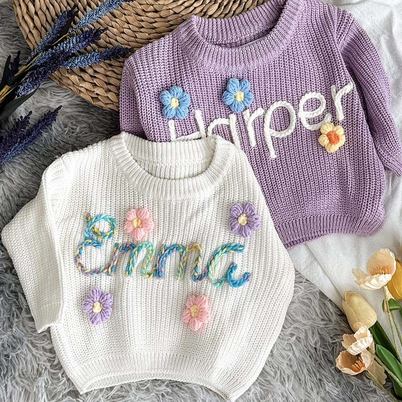 Personalized Hand Embroidered Name Baby Knit Sweater For Birthday Newborn Baby Shower Gift