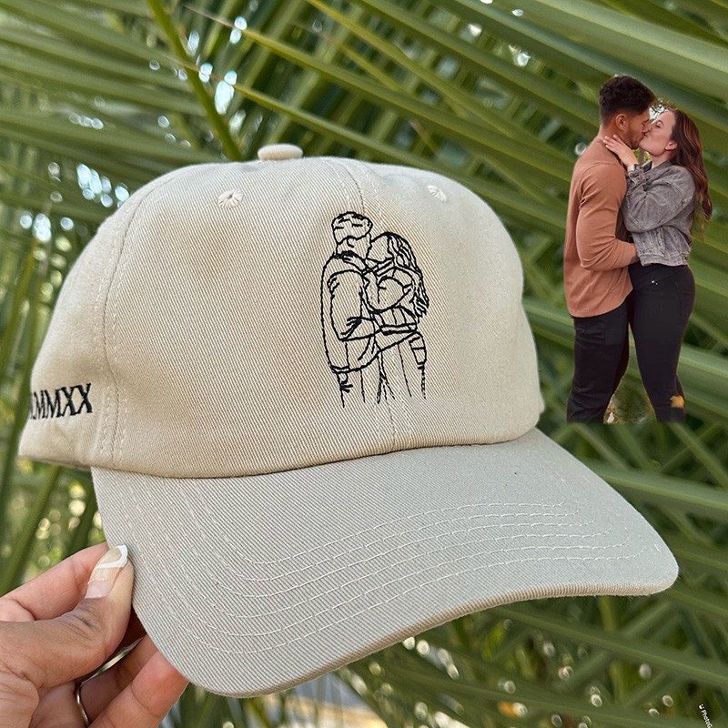 Personalized Couples Embroidered Portrait outline with Roman Numerals Date on Baseball Cap Valentine's Day Anniversary Gift