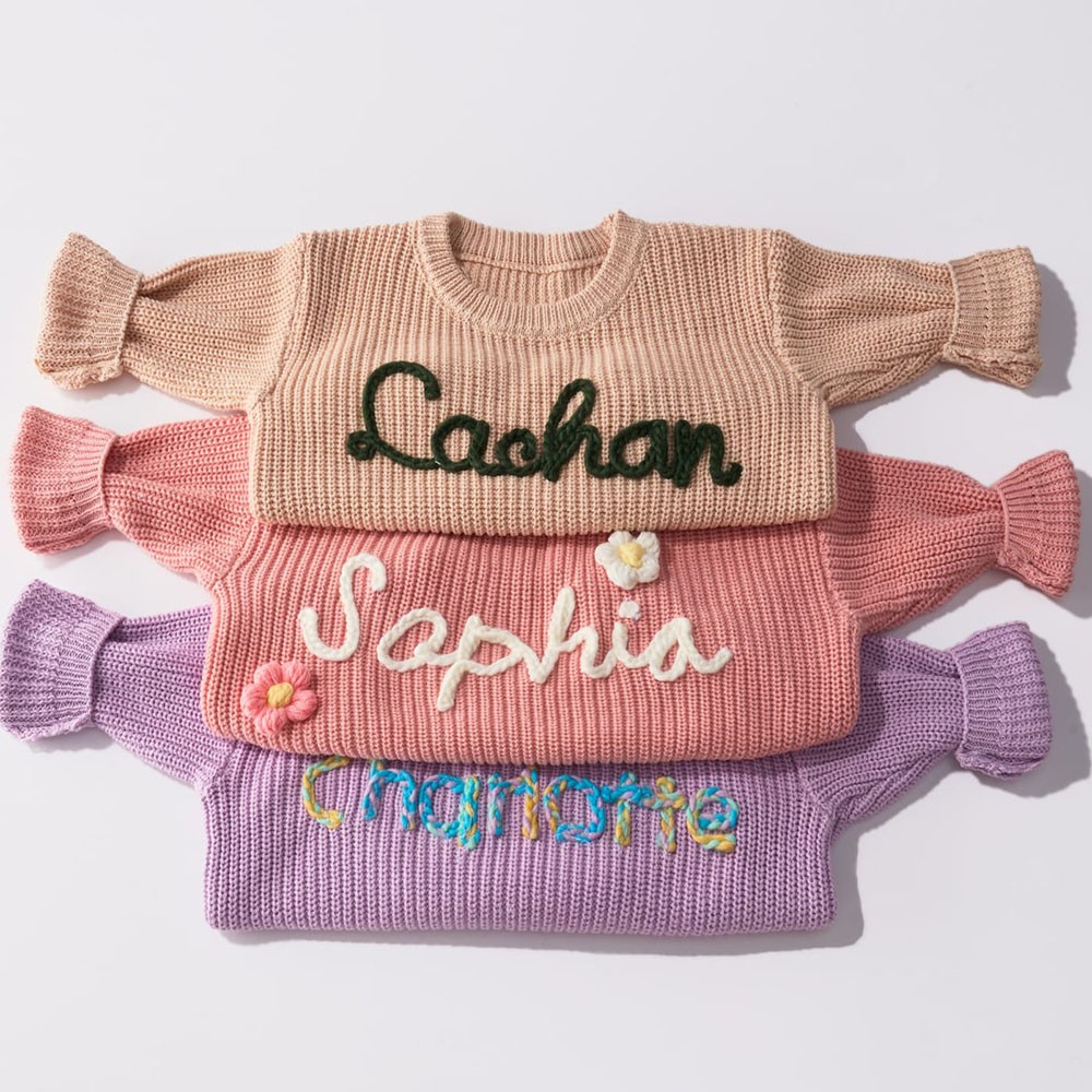 Personalized Hand Embroidered Name Baby Knit Sweater For Birthday Newborn Baby Shower Gift