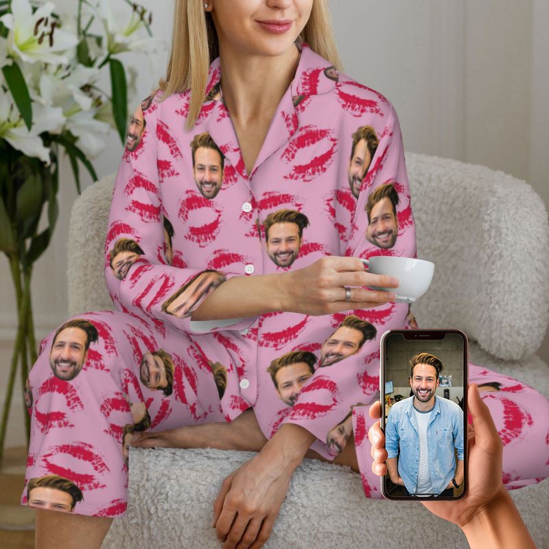 Personalized Couple Photo Pajamas Set Passionate Kiss Pattern Design Perfect Gift for Lovers Valentines Day Gifts