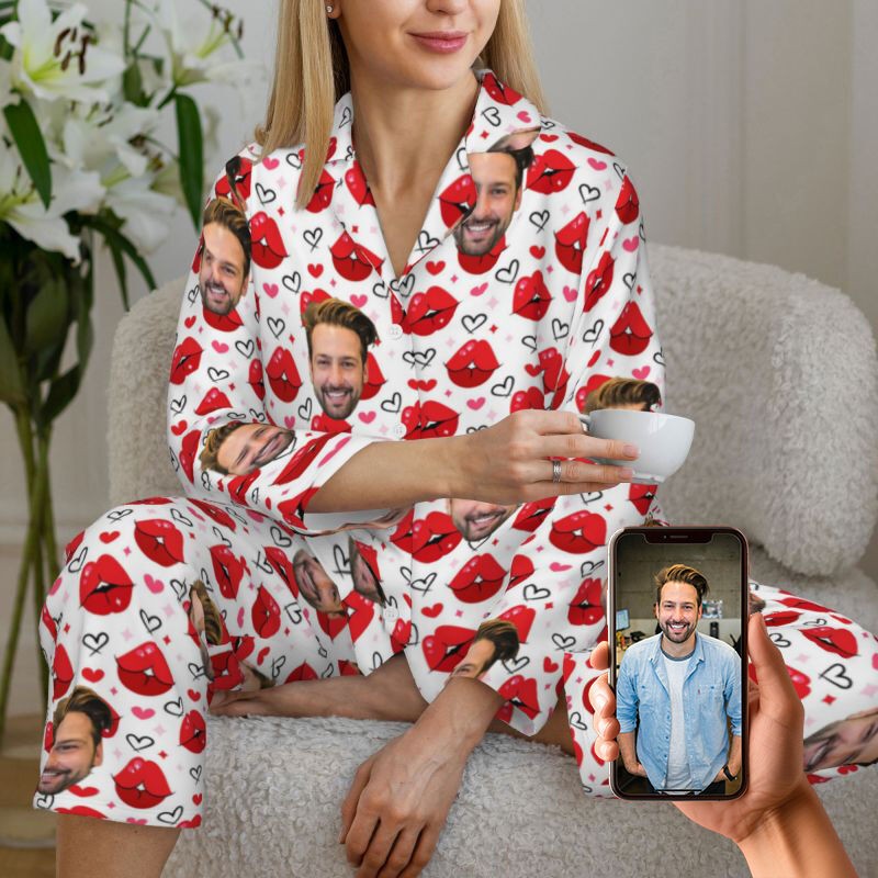 Personalized Couple Face Pajamas Set Hot Kiss Heart Pattern Design Perfect Gift for Lovers Valentines Day Gifts