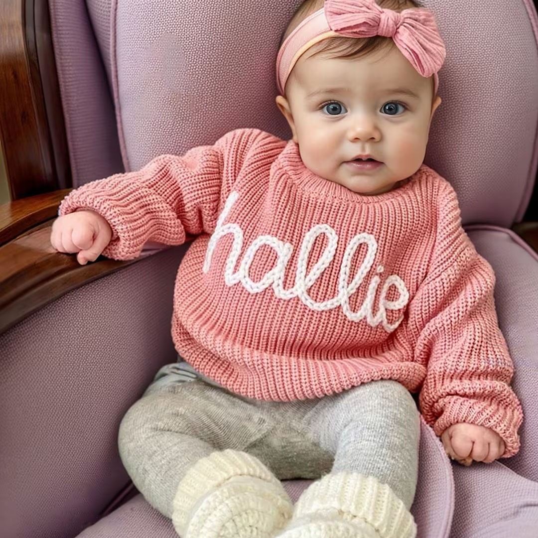 Personalized Hand Embroidered Name Baby Sweater Knit Sweater Toddler Newborn Birthday Baby Shower Gift