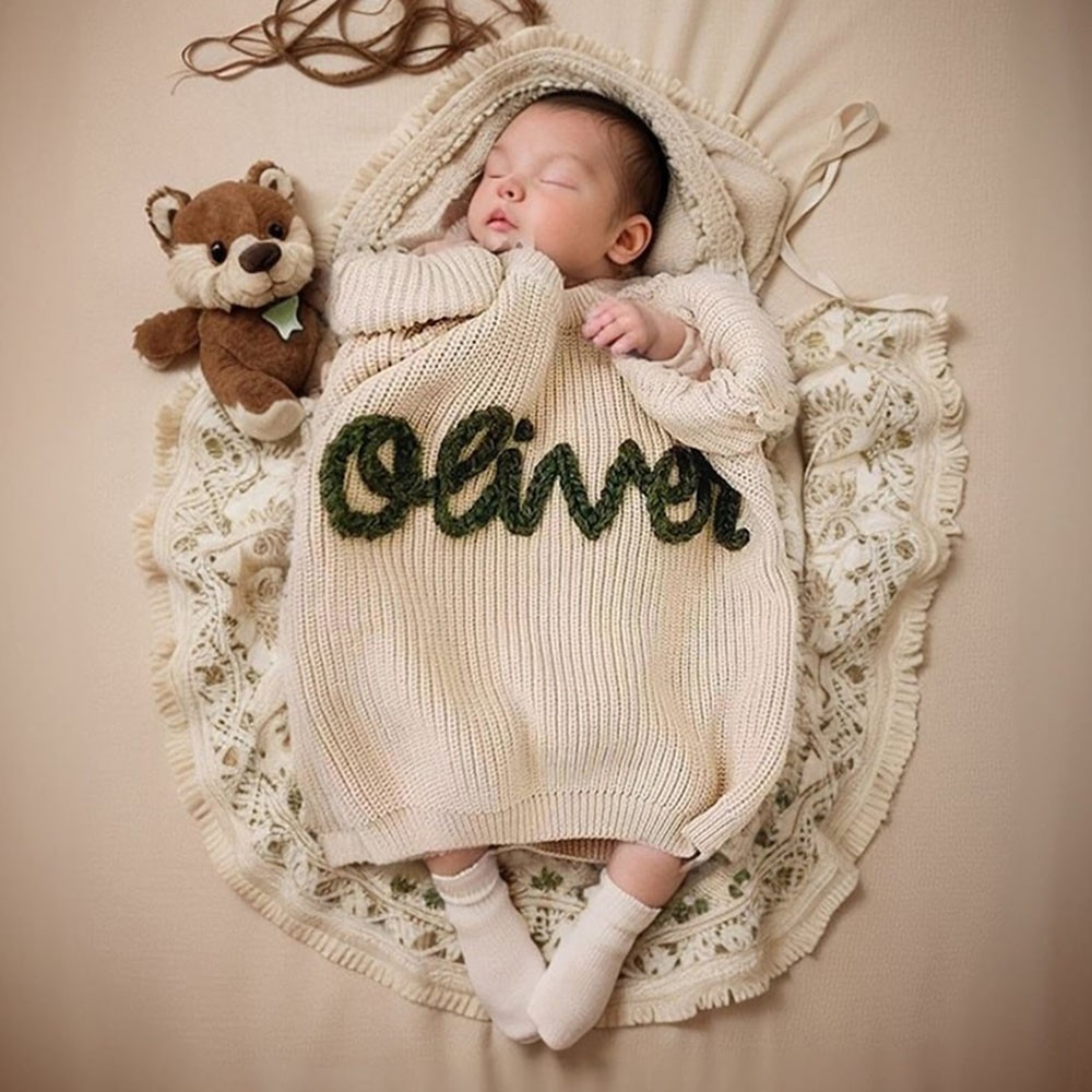 Personalized Hand Embroidered Name Baby Knit Sweater For Birthday Newborn Baby Shower Gift