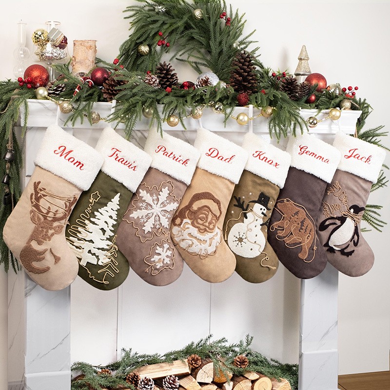 Rustic Embroidery Stocking Personalized Christmas Stockings Suede Stocking for Farmhouse Decoration