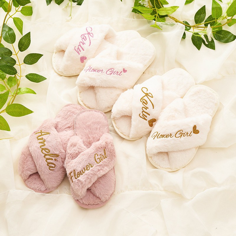 Personalized Flower Girl Slippers Bridesmaid Fluffy Slippers Bridal Shower Gift Bridal Party Gift