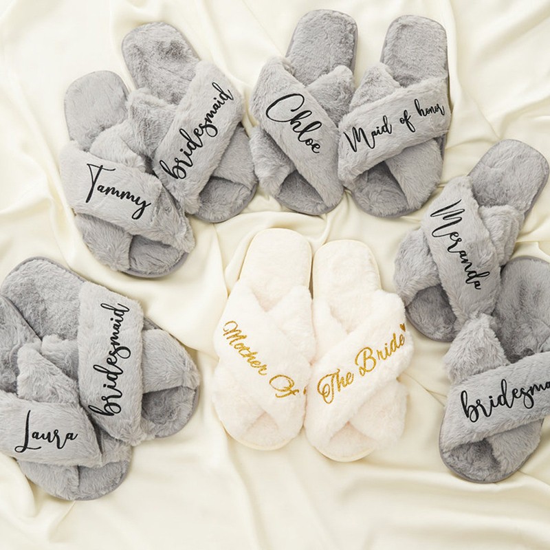 Personalized Bride Fluffy Slippers Bridesmaid Gift Bridal Party Gift