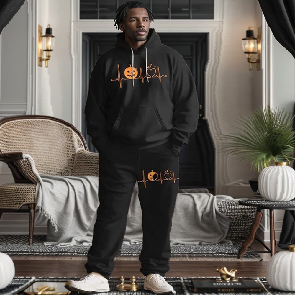 Men's Plus Size Halloween Simple Pumpkin ECG Print Hoodie Suit