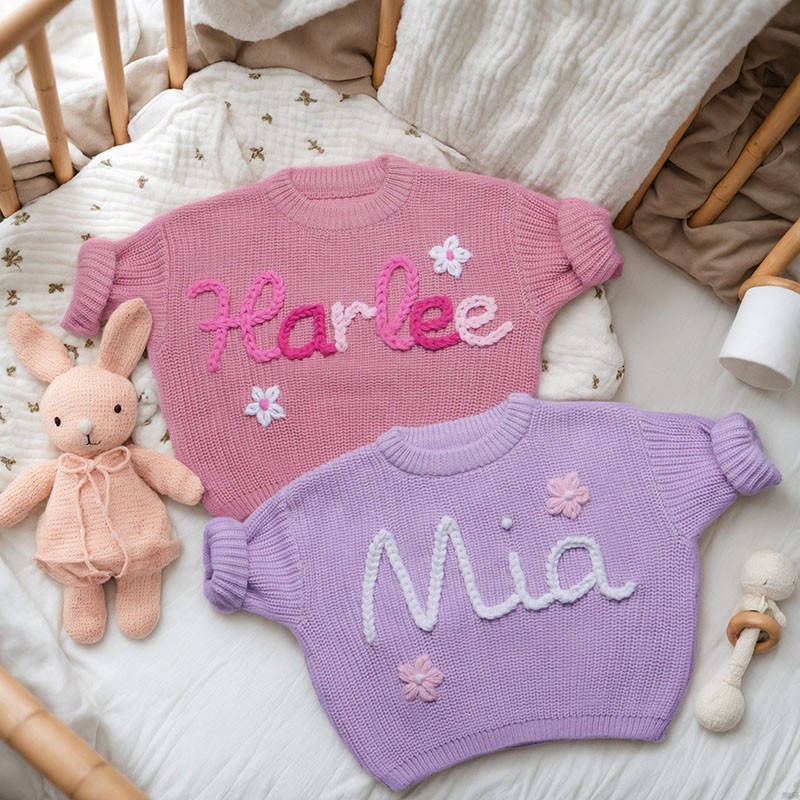 Personalized Hand Embroidered Name Baby Knit Sweater For Birthday Newborn Baby Shower Gift