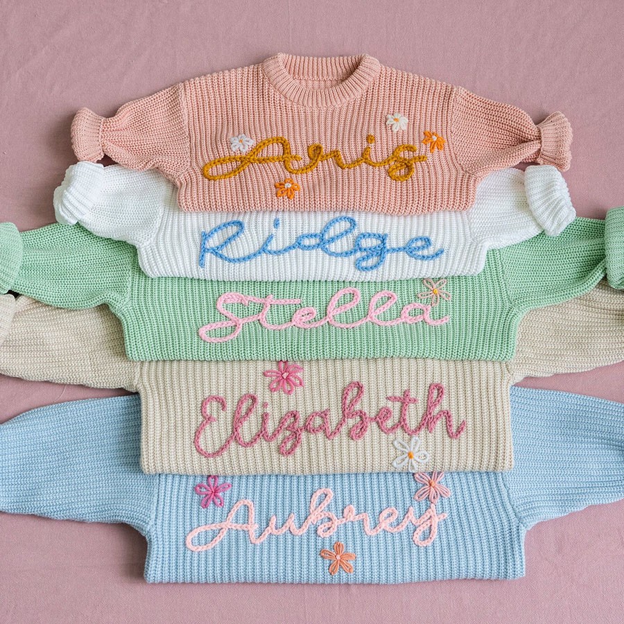 Personalized Hand Embroidered Name Baby Knit Sweater For Birthday Newborn Baby Shower Gift