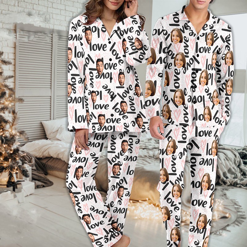 Personalized Couple Photo Pajamas Set for Lovers Long Sleeve PJS Sets Bridal Party Valentines Day Gift Anniversary Gifts