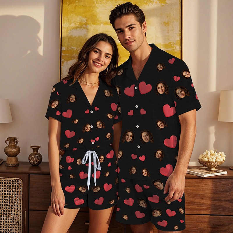 Personalized Couple Face Short Sleeve Pajamas Red Heart Photo Pajamas Valentines Day Gift Anniversary Engagement