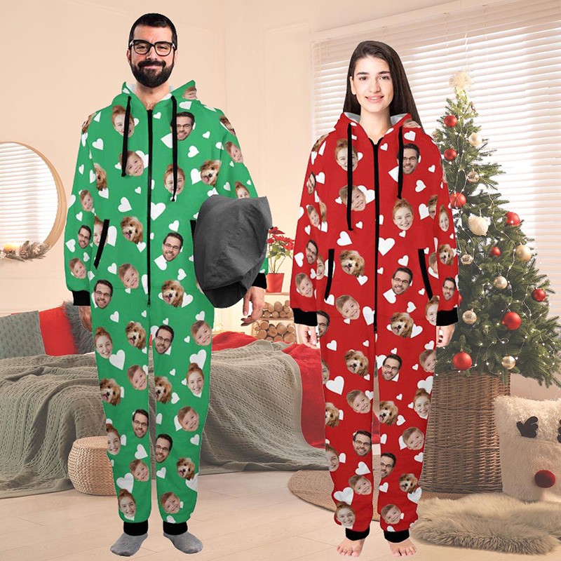 Personalized Couple Zipper One-Piece Pajamas with Face Valentines Day Souvenir Valentine Gifts