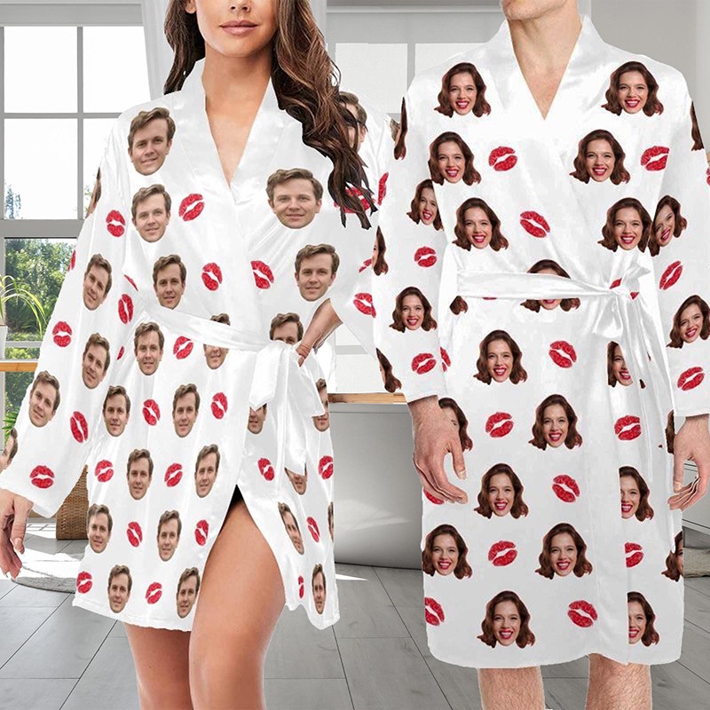 Personalized Couple Face Pajamas Robe Photo Night Robe Bathrobe Valentines Day Gift