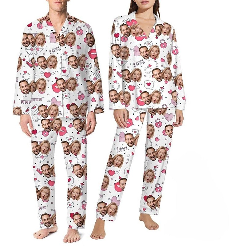 Personalized Couple Photo Pajamas Set for Lovers Love Signal Long Sleeve Pajamas Valentines Day Gift Anniversary Gifts