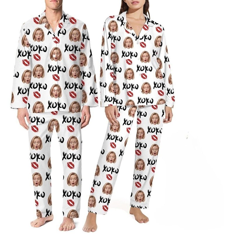 Personalized Couple Photo Pajamas Set for Lovers Love Signal Long Sleeve Pajamas Valentines Day Gift Anniversary Gifts