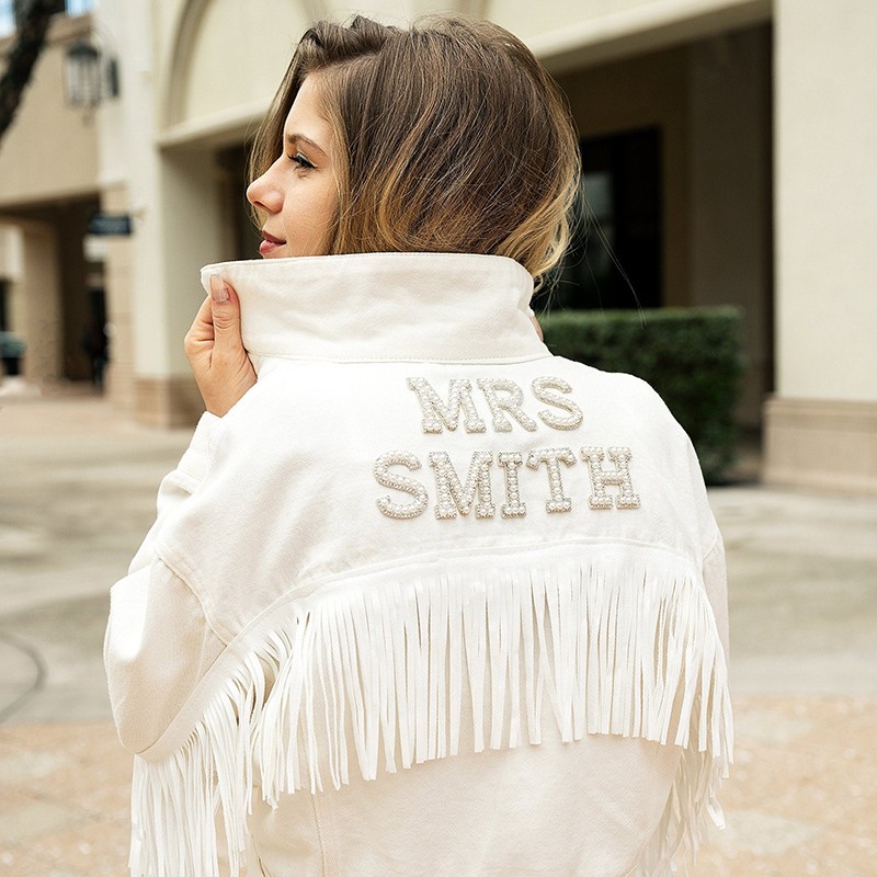 White Custom Bridal Jacket with Fringes Wedding Denim jacket Pearls Jacket with fringe Wedding Gift