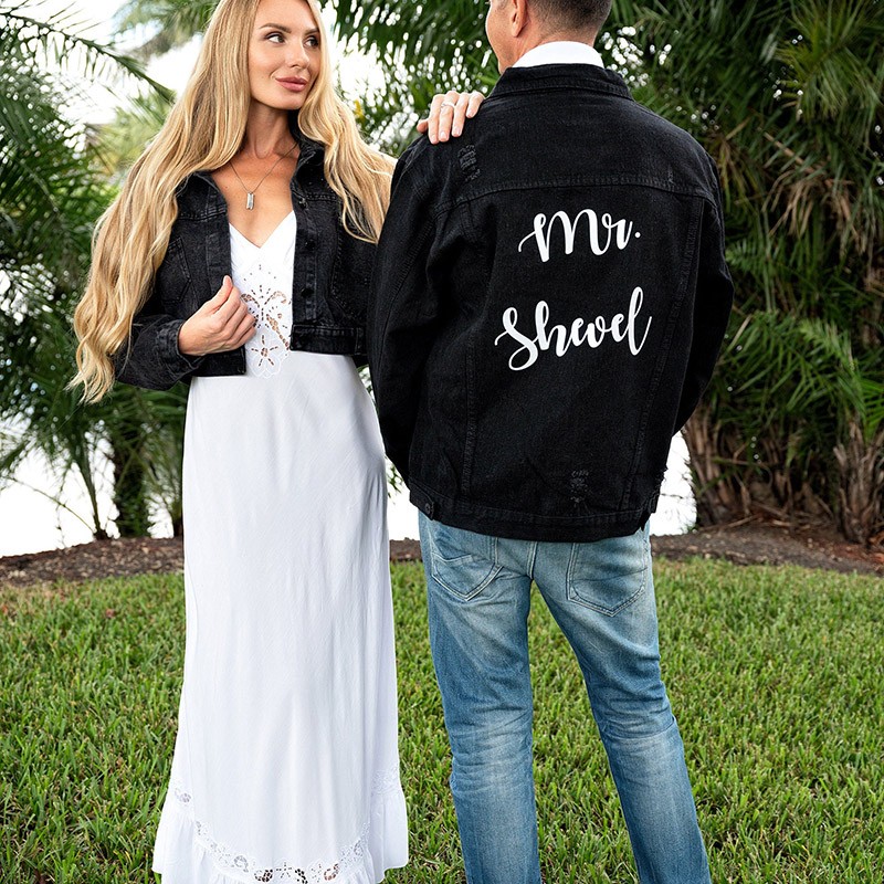 Personalized Wedding Bridal Denim Jacket with pearls Date under the collar Jacket Just Married Jackets for Couple