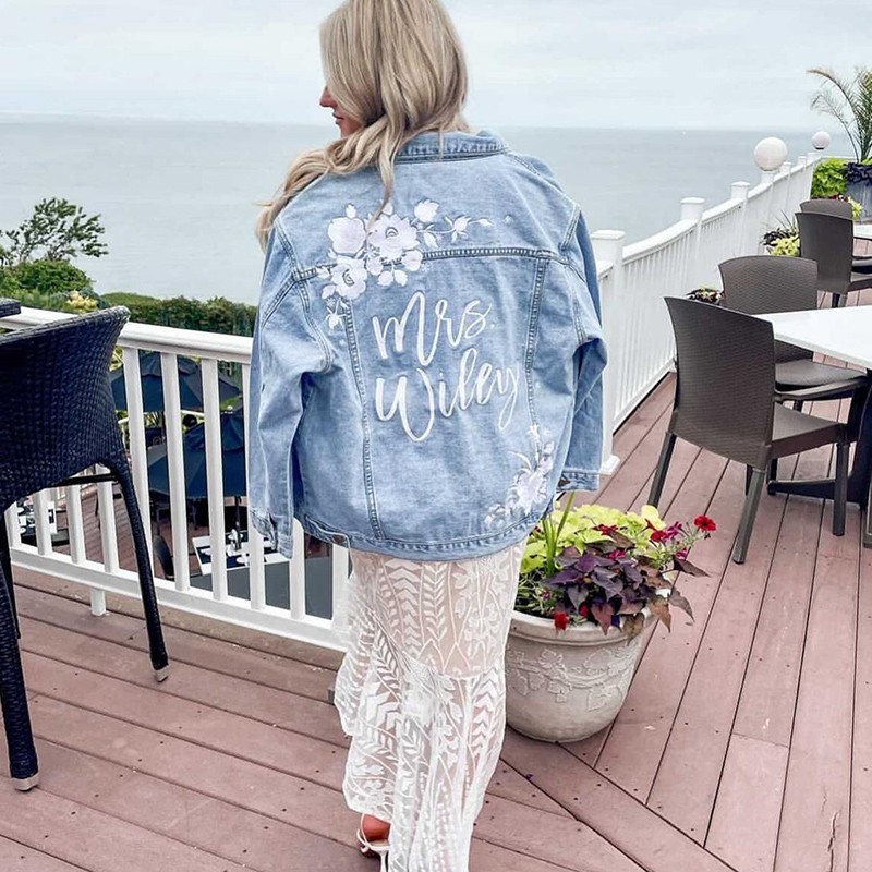 Personalized Embroidered Bride Relaxed Fit White Floral Denim Jean Jacket Future Mrs Jean Jacket Bridal Shower Gifts