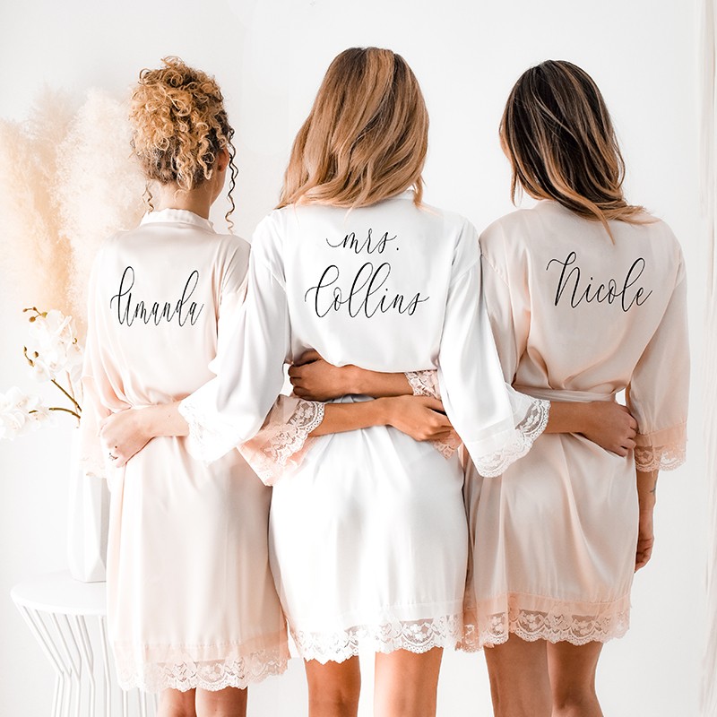 Personalized Satin Lace Wedding Robes Bridesmaid Robes White Bridal Robe Bridal Party Gift